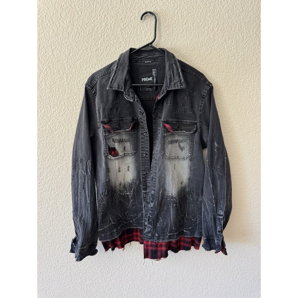 PREME Men’s Distressed Black Denim Flannel Layered Streetwear Jacket Size M